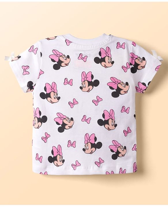 Babyhug Disney Single Jersey Knit Denim Dungaree Style Frock with Half Sleeves Inner Tee Minnie Mouse Print - White Blue