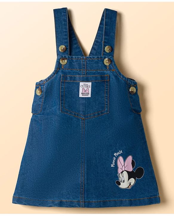 Babyhug Disney Single Jersey Knit Denim Dungaree Style Frock with Half Sleeves Inner Tee Minnie Mouse Print - White Blue