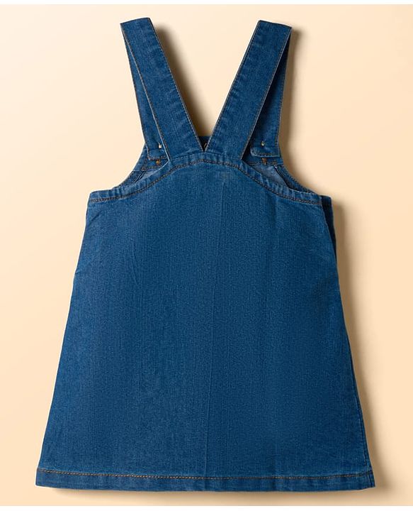Babyhug Disney Single Jersey Knit Denim Dungaree Style Frock with Half Sleeves Inner Tee Minnie Mouse Print - White Blue