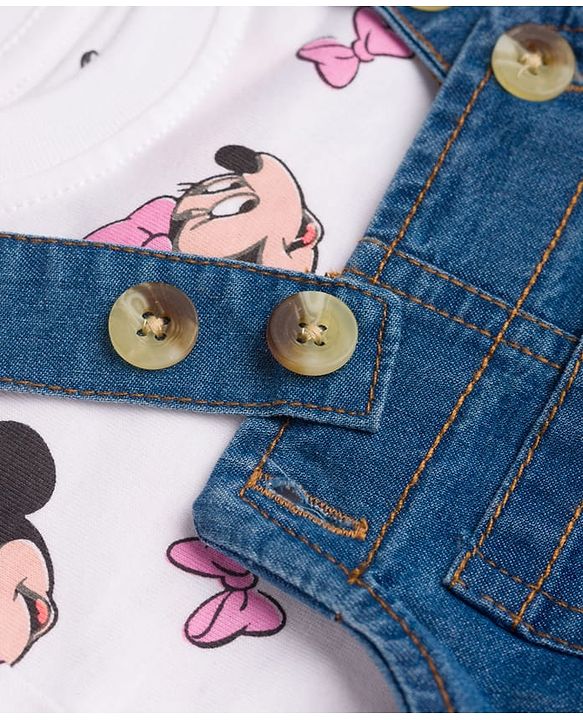 Babyhug Disney Single Jersey Knit Denim Dungaree Style Frock with Half Sleeves Inner Tee Minnie Mouse Print - White Blue