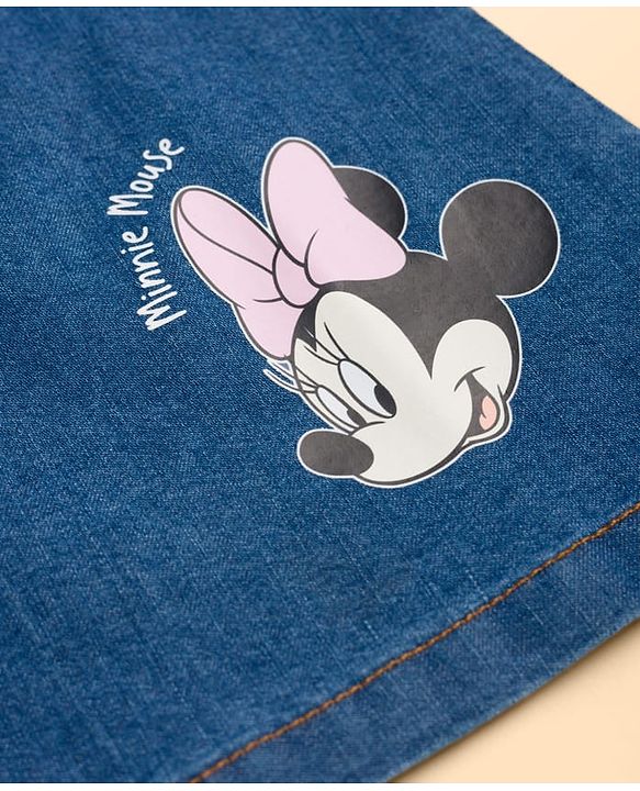 Babyhug Disney Single Jersey Knit Denim Dungaree Style Frock with Half Sleeves Inner Tee Minnie Mouse Print - White Blue