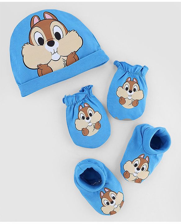Babyhug Disney 100% Cotton Interlock Knit Caps Mittens & Booties with Disney Chip Graphic Print Blue - Diameter 16