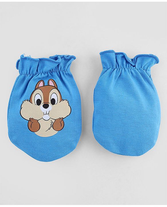 Babyhug Disney 100% Cotton Interlock Knit Caps Mittens & Booties with Disney Chip Graphic Print Blue - Diameter 16