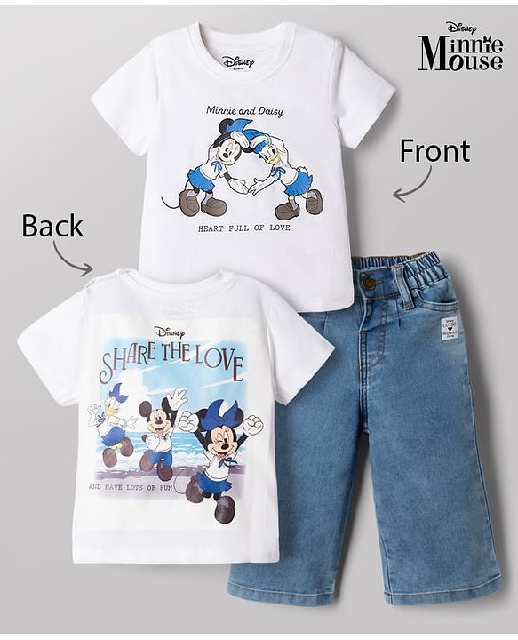 Babyhug Disney Single Jersey Knit Half Sleeves T-shirt and Jeans With Front and Back Minnie and Daisy Graphics - White & Blue