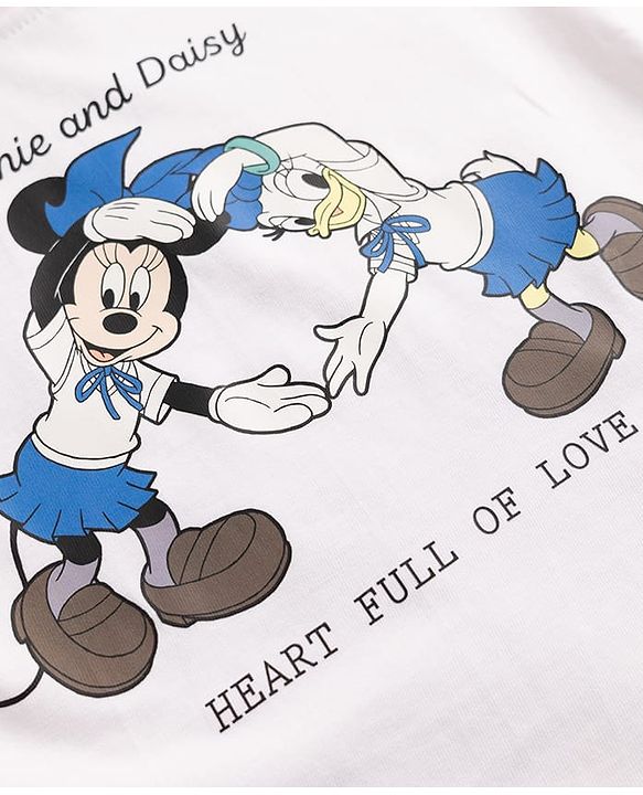 Babyhug Disney Single Jersey Knit Half Sleeves T-shirt and Jeans With Front and Back Minnie and Daisy Graphics - White & Blue