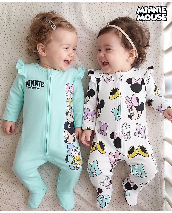Babyhug Interlock Knit Full Sleeves Sleep Suit with Minnie & Friends Pack of 2 - White & Sea Green