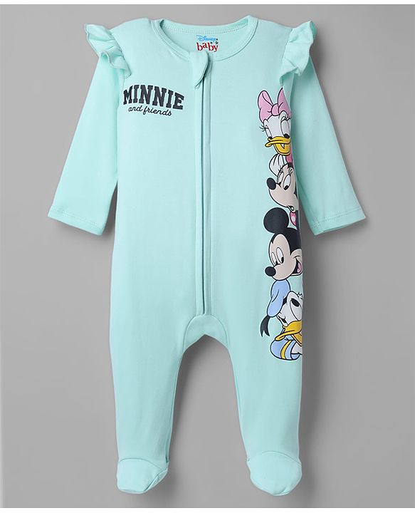 Babyhug Interlock Knit Full Sleeves Sleep Suit with Minnie & Friends Pack of 2 - White & Sea Green