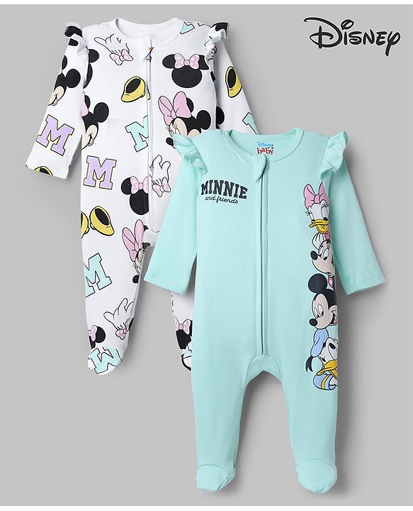 Babyhug Interlock Knit Full Sleeves Sleep Suit with Minnie & Friends Pack of 2 - White & Sea Green