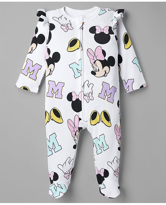 Babyhug Interlock Knit Full Sleeves Sleep Suit with Minnie & Friends Pack of 2 - White & Sea Green
