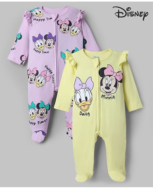 Babyhug Interlock Knit Full Sleeves Sleep Suit with Minnie & Friends Pack of 2 - Plum & Yellow