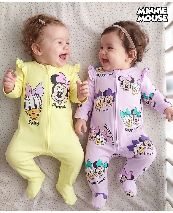 Babyhug Interlock Knit Full Sleeves Sleep Suit with Minnie & Friends Pack of 2 - Plum & Yellow