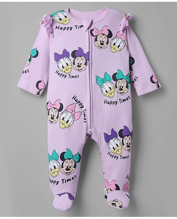 Babyhug Interlock Knit Full Sleeves Sleep Suit with Minnie & Friends Pack of 2 - Plum & Yellow