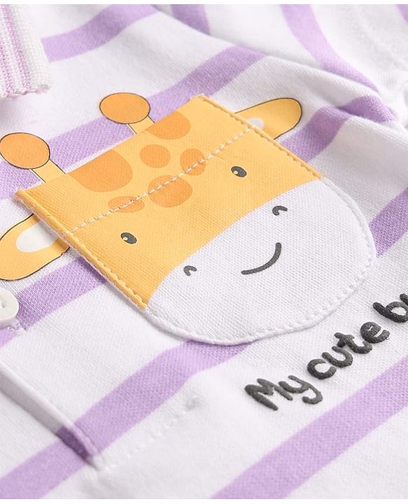 Babyhug 100% Cotton Knit Half Sleeves Striped Onesie with Giraffe Print - Multicolor
