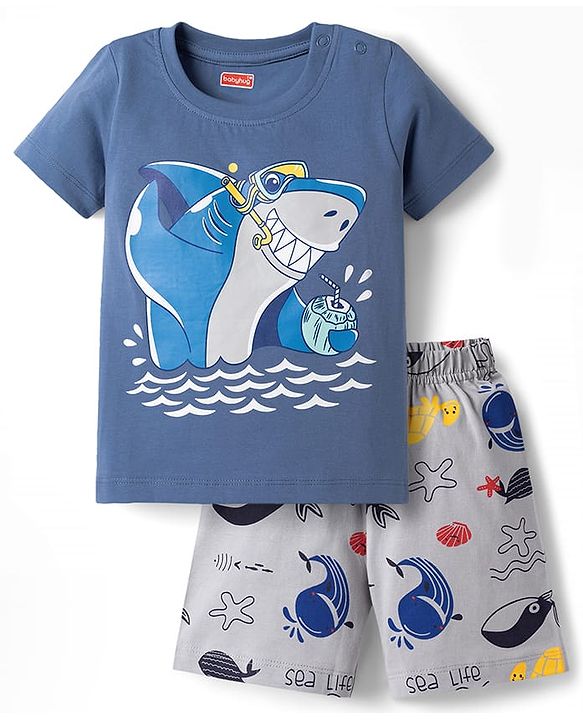 Babyhug Cotton Knit Half Sleeves T-Shirt & Shorts Night Suit With Shark Print - Blue