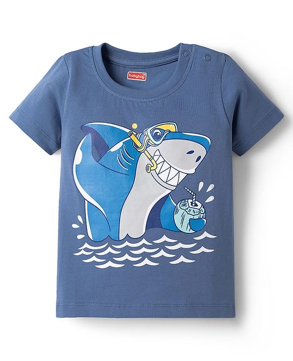 Babyhug Cotton Knit Half Sleeves T-Shirt & Shorts Night Suit With Shark Print - Blue
