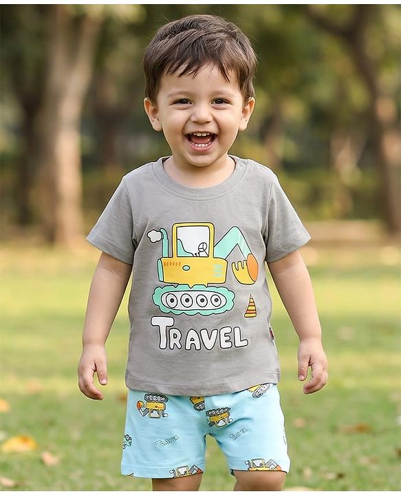 Babyhug 100% Cotton Knit Half Sleeves T-Shirt & Shorts Night-Suit With JCB Print - Grey