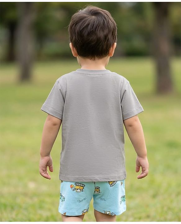 Babyhug 100% Cotton Knit Half Sleeves T-Shirt & Shorts Night-Suit With JCB Print - Grey