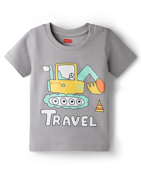 Babyhug 100% Cotton Knit Half Sleeves T-Shirt & Shorts Night-Suit With JCB Print - Grey