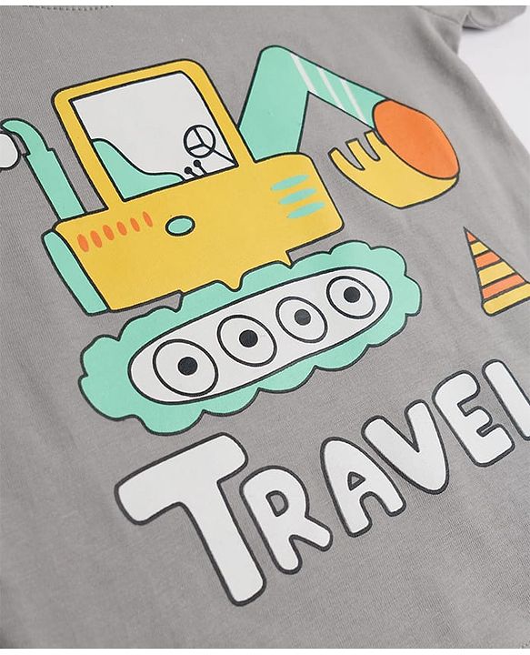 Babyhug 100% Cotton Knit Half Sleeves T-Shirt & Shorts Night-Suit With JCB Print - Grey