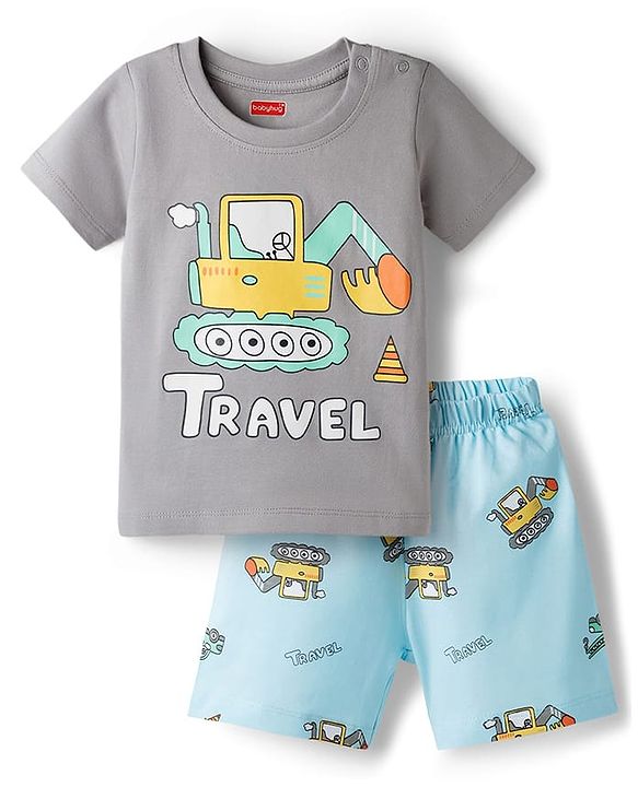 Babyhug 100% Cotton Knit Half Sleeves T-Shirt & Shorts Night-Suit With JCB Print - Grey