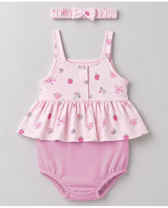 Babyhug 100% Cotton Interlock Knit Sleeveless Onesies With Floral Print & Hairband - Pink