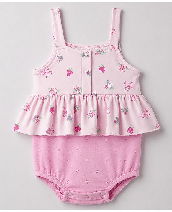 Babyhug 100% Cotton Interlock Knit Sleeveless Onesies With Floral Print & Hairband - Pink