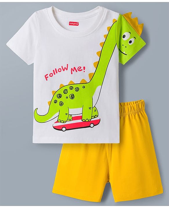 Babyhug Cotton Knit Half Sleeves T-Shirt & Shorts Night Suit with Dino Print & Applique - White