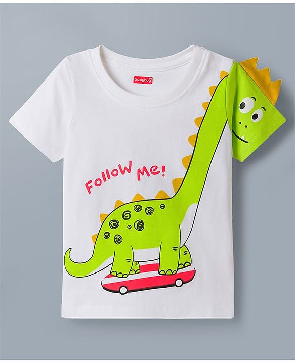 Babyhug Cotton Knit Half Sleeves T-Shirt & Shorts Night Suit with Dino Print & Applique - White