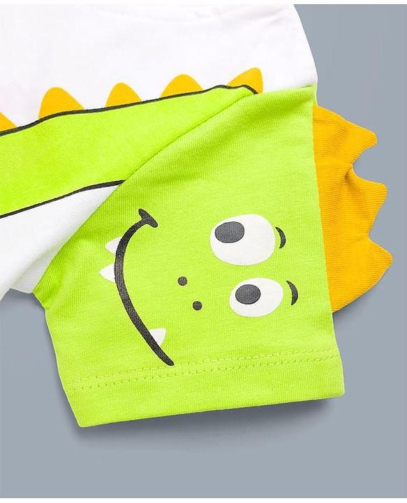 Babyhug Cotton Knit Half Sleeves T-Shirt & Shorts Night Suit with Dino Print & Applique - White