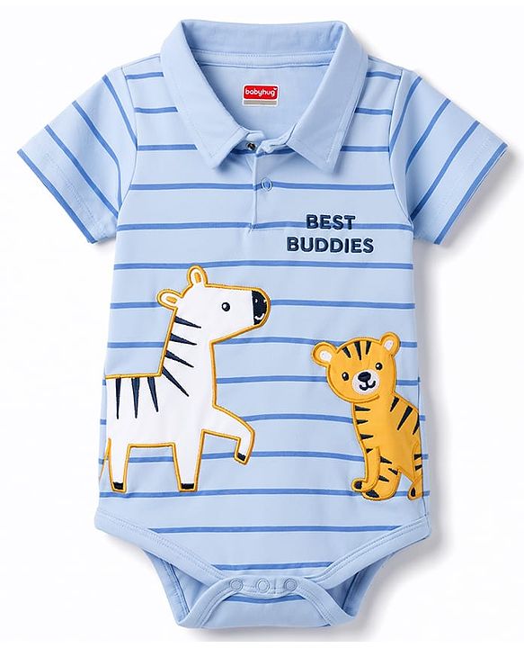 Babyhug 100% Cotton Interlock Knit Half Sleeves Polo Collar Cub Printed Onesie - Multicolour