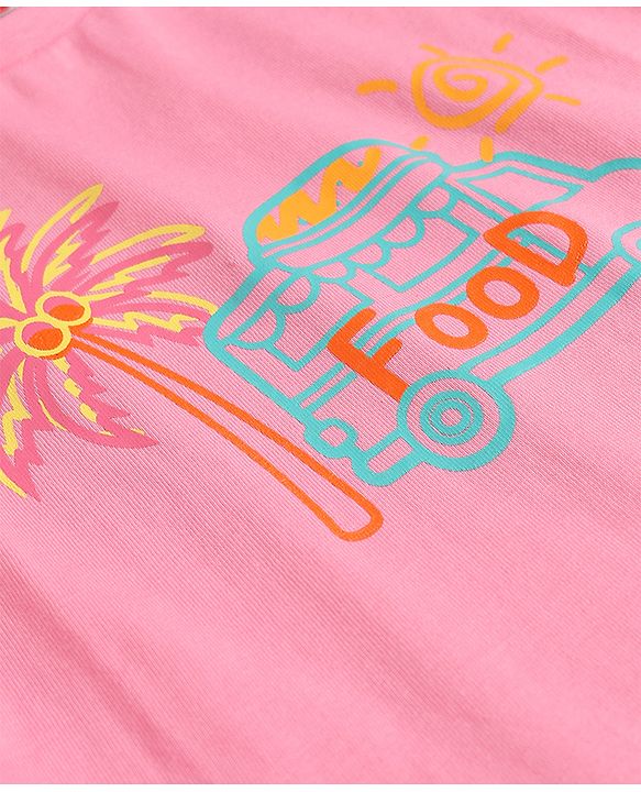 Babyhug Cotton Knit Half Sleeves Top & Shorts Night-Suit With Tree & Food Truck Print - Pink