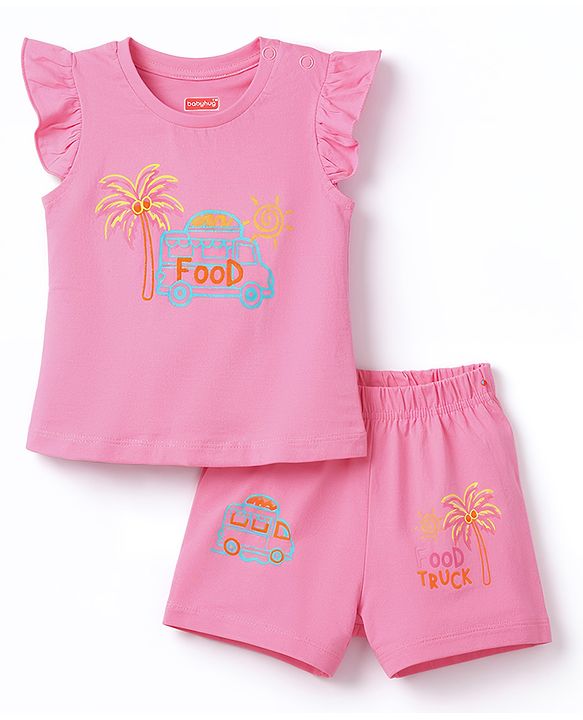 Babyhug Cotton Knit Half Sleeves Top & Shorts Night-Suit With Tree & Food Truck Print - Pink