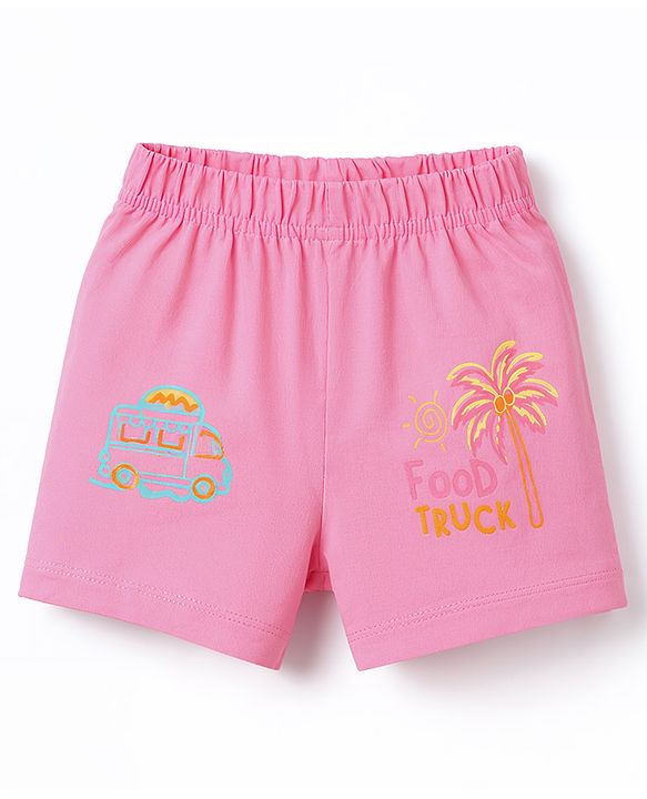 Babyhug Cotton Knit Half Sleeves Top & Shorts Night-Suit With Tree & Food Truck Print - Pink