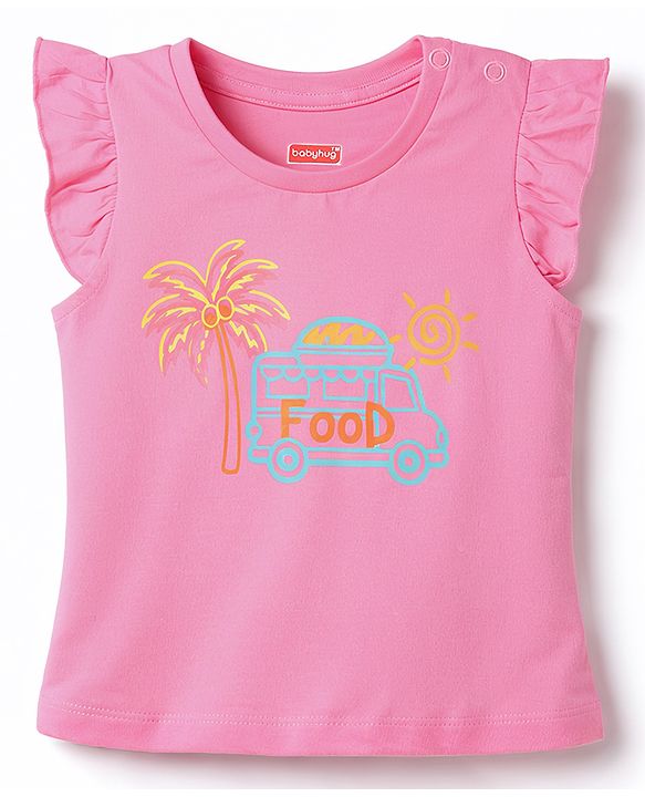Babyhug Cotton Knit Half Sleeves Top & Shorts Night-Suit With Tree & Food Truck Print - Pink
