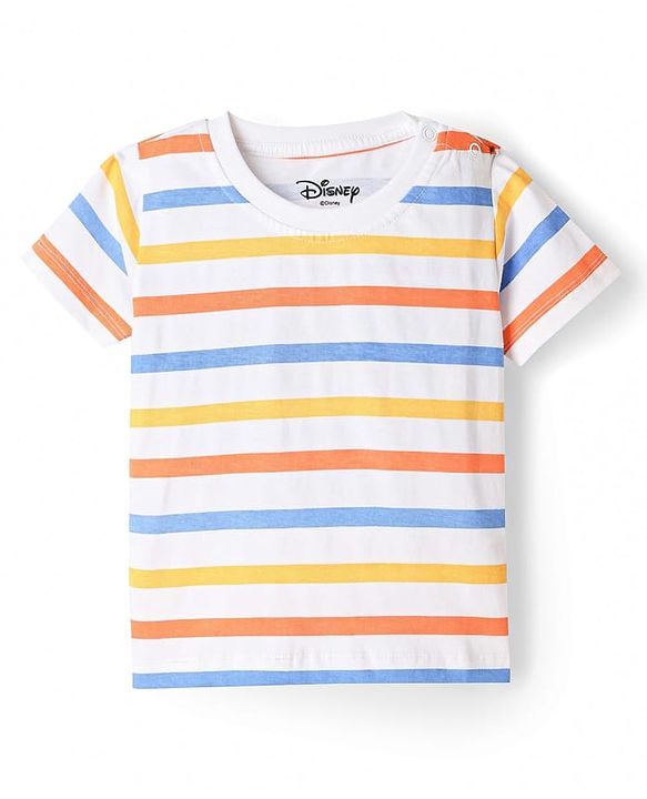 Babyhug Disney Single Jersey Knit Denim Half Sleeves Striped T-shirt and Denim Dungaree  With Mickey Mouse Graphic - Light Blue