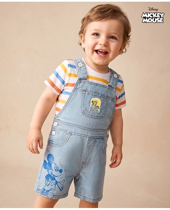 Babyhug Disney Single Jersey Knit Denim Half Sleeves Striped T-shirt and Denim Dungaree  With Mickey Mouse Graphic - Light Blue