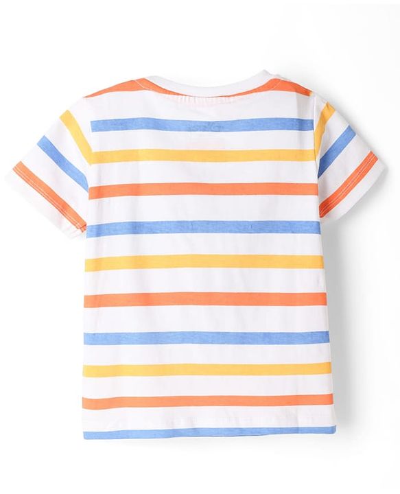 Babyhug Disney Single Jersey Knit Denim Half Sleeves Striped T-shirt and Denim Dungaree  With Mickey Mouse Graphic - Light Blue