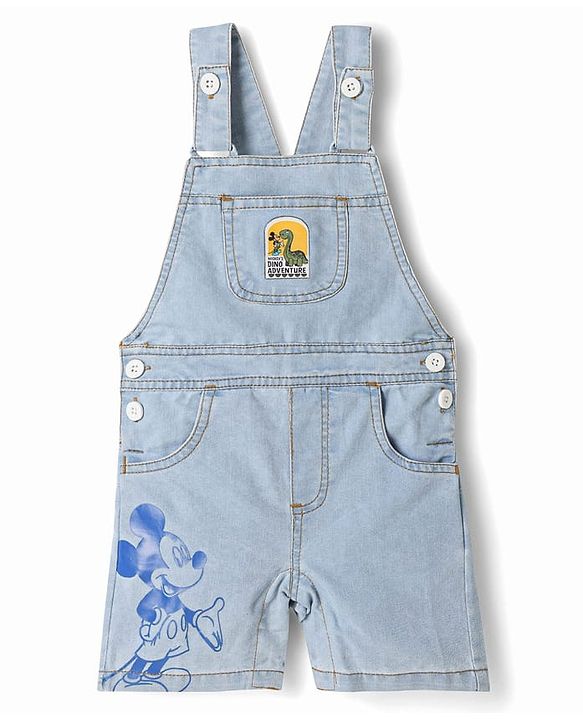 Babyhug Disney Single Jersey Knit Denim Half Sleeves Striped T-shirt and Denim Dungaree  With Mickey Mouse Graphic - Light Blue