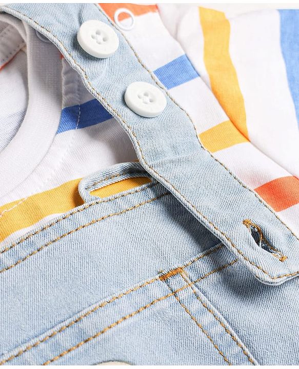 Babyhug Disney Single Jersey Knit Denim Half Sleeves Striped T-shirt and Denim Dungaree  With Mickey Mouse Graphic - Light Blue
