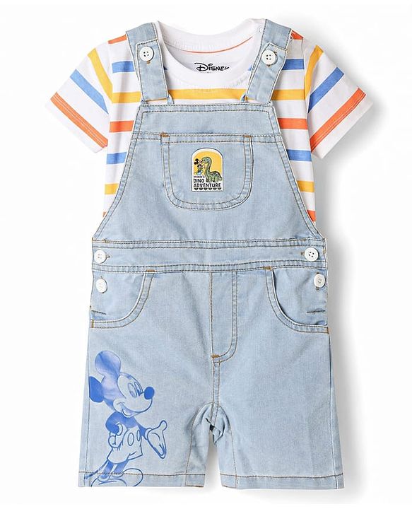 Babyhug Disney Single Jersey Knit Denim Half Sleeves Striped T-shirt and Denim Dungaree  With Mickey Mouse Graphic - Light Blue