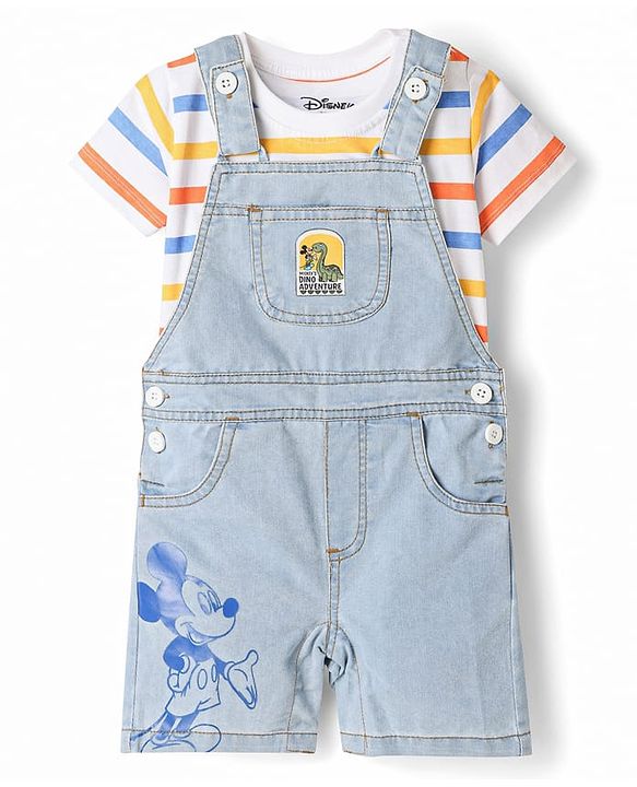 Babyhug Disney Single Jersey Knit Denim Half Sleeves Striped T-shirt and Denim Dungaree  With Mickey Mouse Graphic - Light Blue