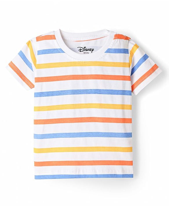 Babyhug Disney Single Jersey Knit Denim Half Sleeves Striped T-shirt and Denim Dungaree  With Mickey Mouse Graphic - Light Blue