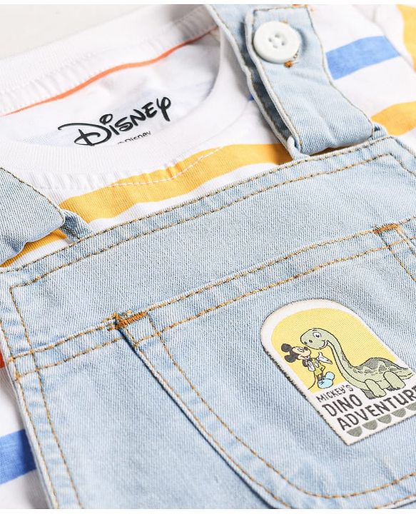 Babyhug Disney Single Jersey Knit Denim Half Sleeves Striped T-shirt and Denim Dungaree  With Mickey Mouse Graphic - Light Blue