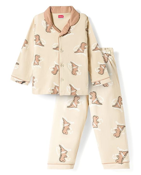 Babyhug Cotton Knit Full Sleeves Shirt & Pyjama Co-ord Night Suit with Dino Print - Brown
