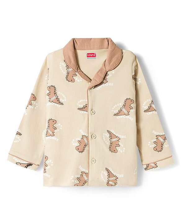 Babyhug Cotton Knit Full Sleeves Shirt & Pyjama Co-ord Night Suit with Dino Print - Brown