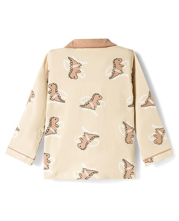 Babyhug Cotton Knit Full Sleeves Shirt & Pyjama Co-ord Night Suit with Dino Print - Brown