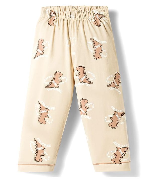 Babyhug Cotton Knit Full Sleeves Shirt & Pyjama Co-ord Night Suit with Dino Print - Brown