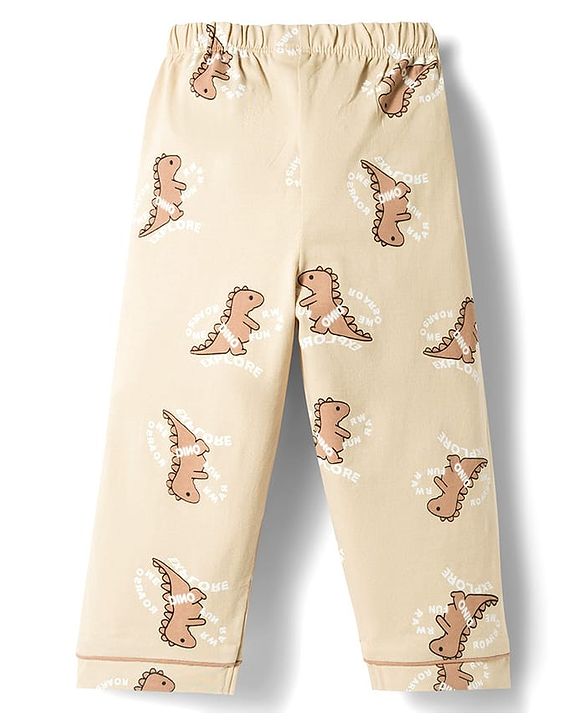 Babyhug Cotton Knit Full Sleeves Shirt & Pyjama Co-ord Night Suit with Dino Print - Brown