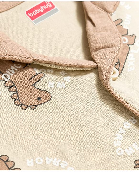 Babyhug Cotton Knit Full Sleeves Shirt & Pyjama Co-ord Night Suit with Dino Print - Brown