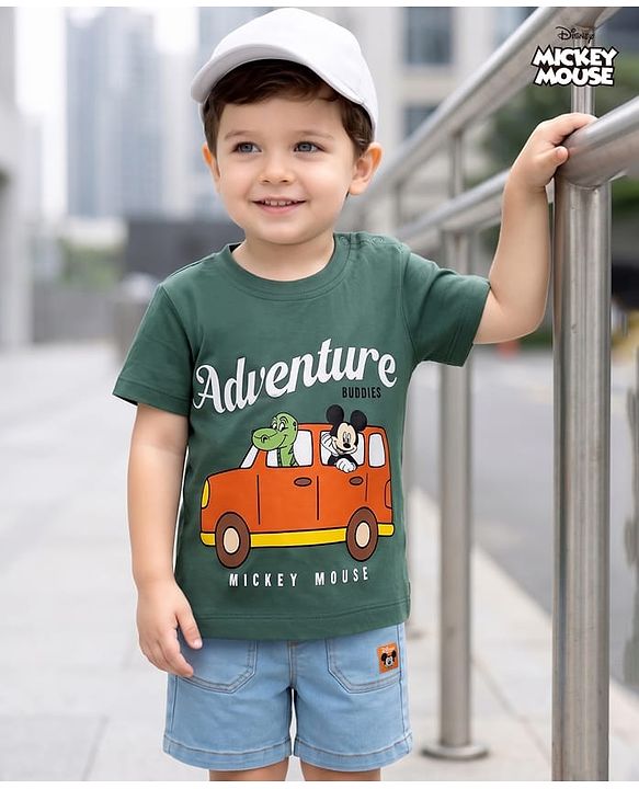 Babyhug Disney Half Sleeves T-Shirt & Denim Shorts With Mickey Mouse Graphics - Multicolor